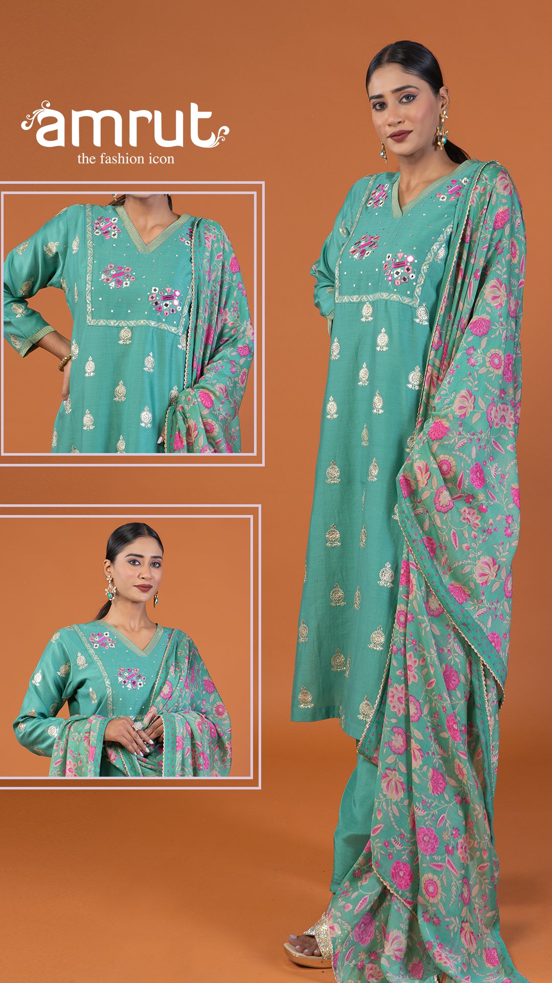 Sky Blue Embroidered Salwar Kameez with Printed Dupatta