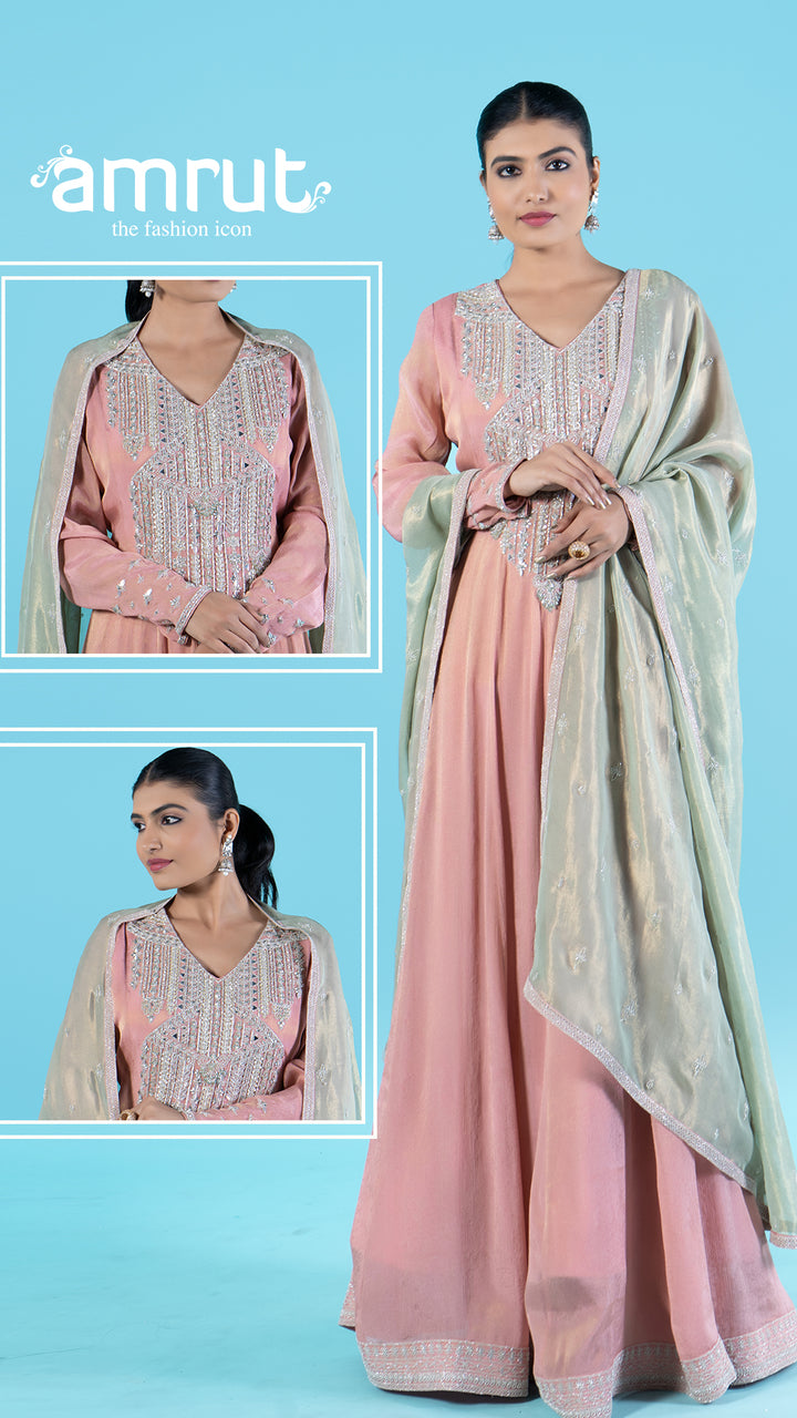 Dusty Rose Beaded Embellished Gown with Sage Green Dupatta