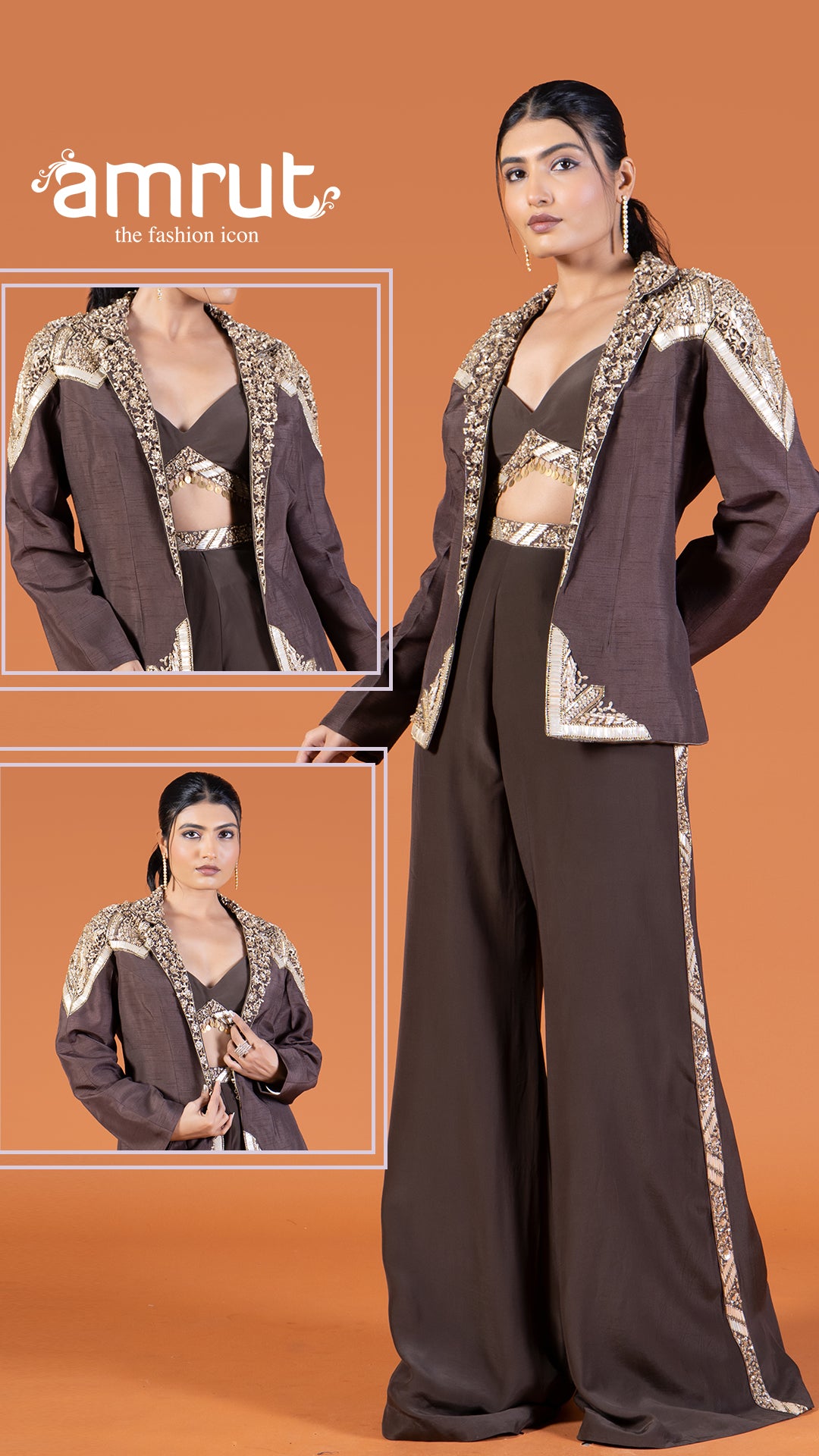 Coffee Crop Top and Pants with Golden Embroidered Embellished Jacket Set