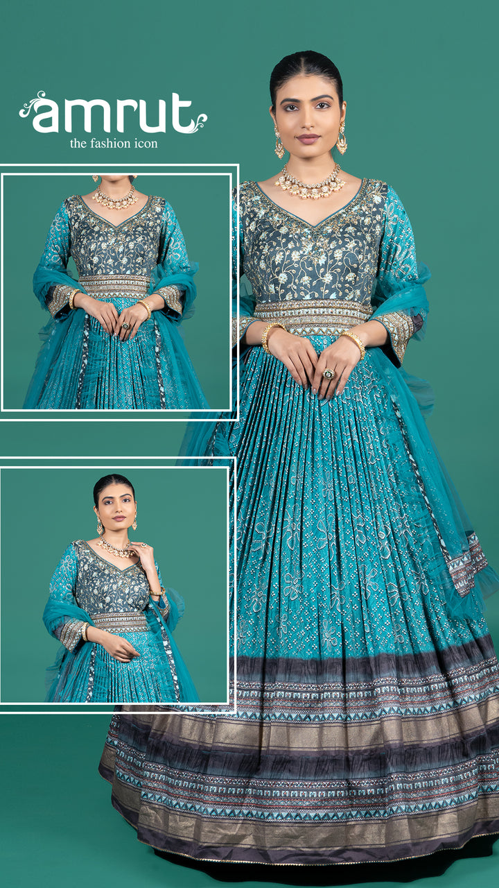 Teal Blue Embroidered Festive Gown with Zari Border and Dupatta