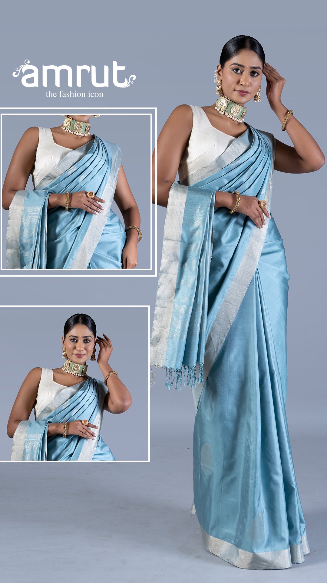 Light Blue with Golden Zari Leaf Patterns and Geometric Motifs Saree with unstitched blouse