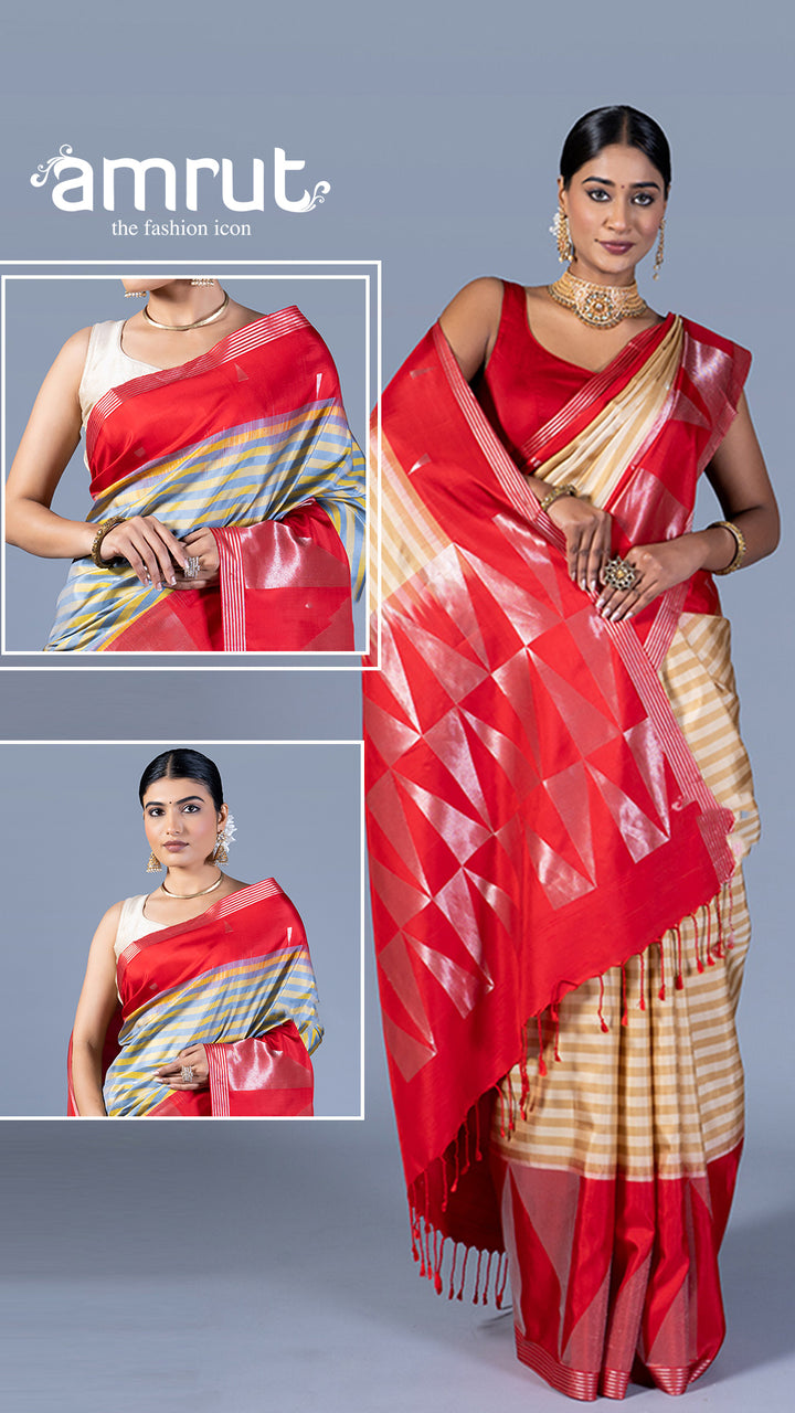 Beige and Cream Striped Red Border Saree with Unstitched Blouse