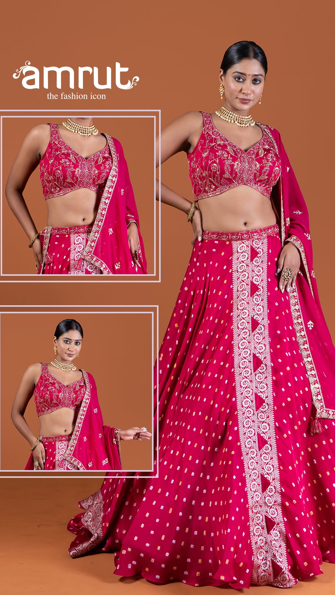 Magenta Pink Bandhani Lehenga with Embroidered Choli and Draped Dupatta