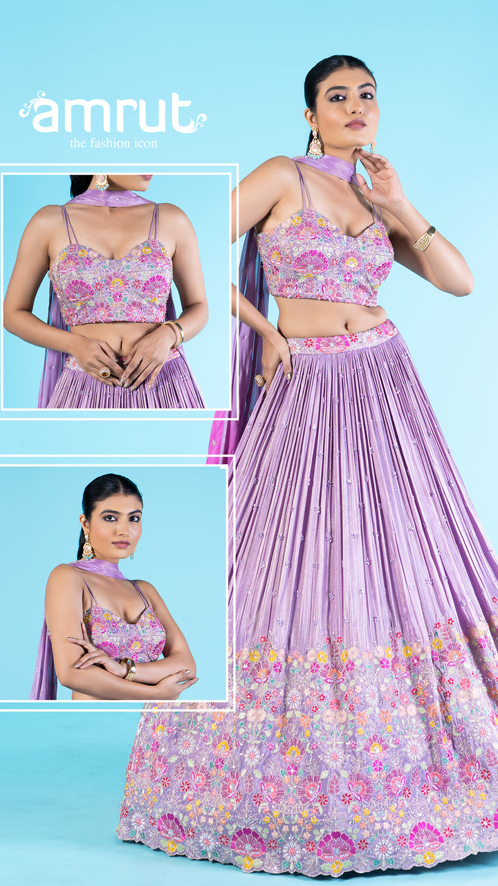 Lavender Floral Embroidered Lehenga Choli with Sheer Dupatta