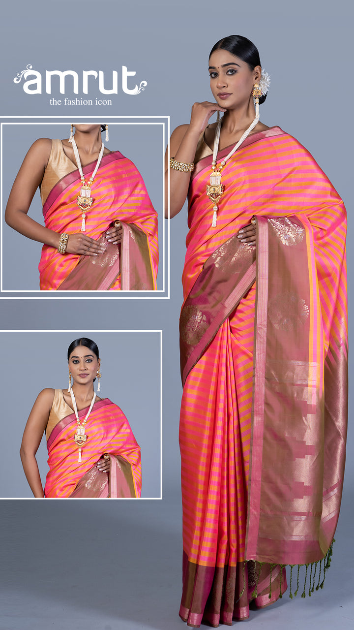 Pink Saree with Muted Yellow Stripes, Coral Tree Shade Border with Unstitched Blouse