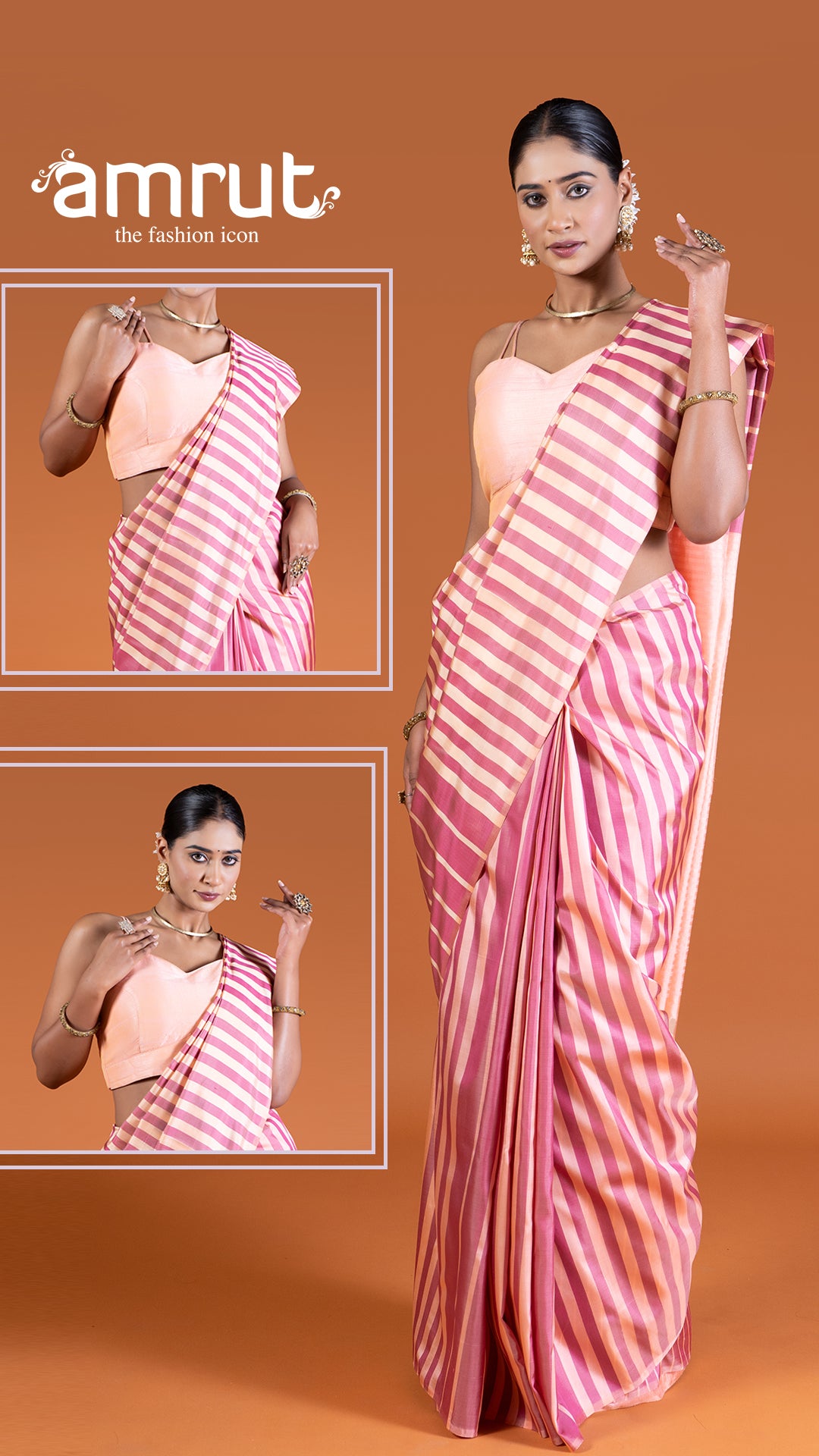 Light Pink and Beige Striped Saree with unstitched blouse