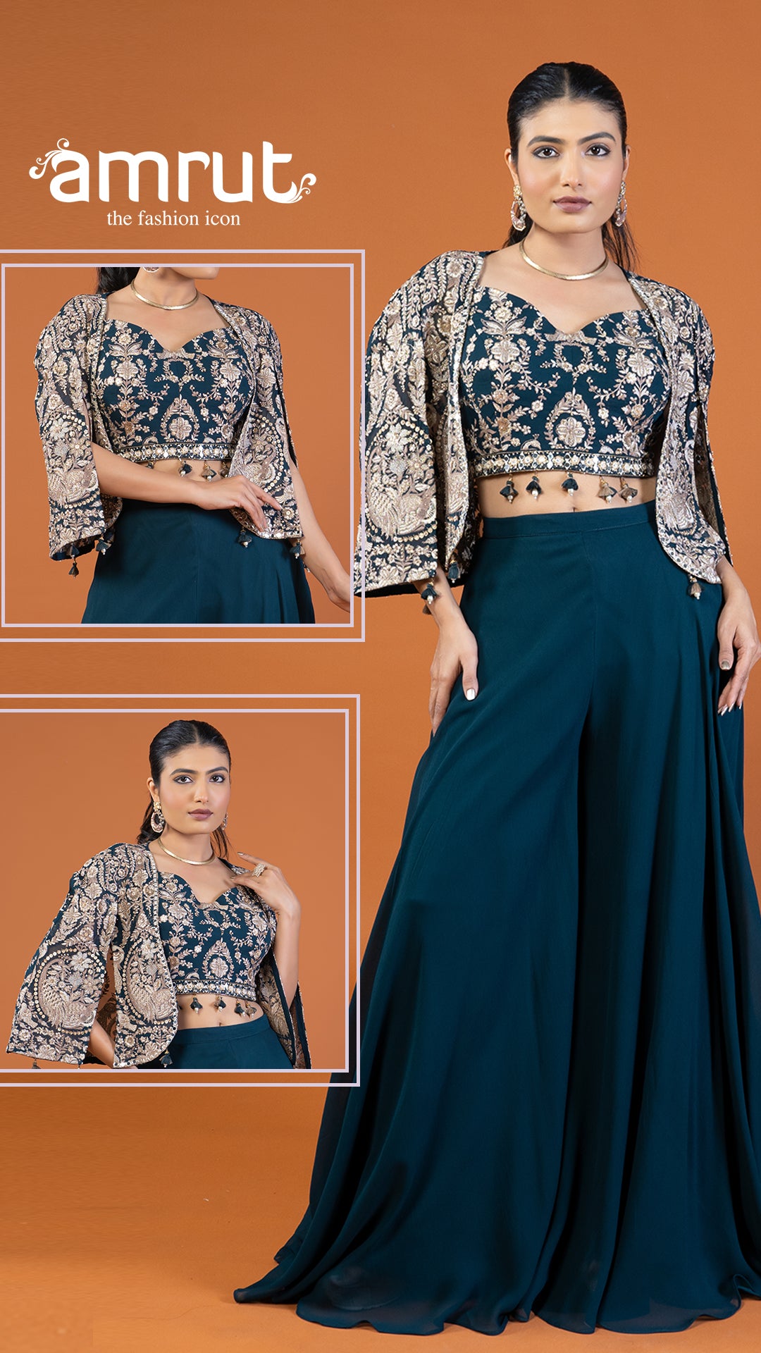 Deep Blue Embroidered Crop Top and Jacket with Palazzo Set