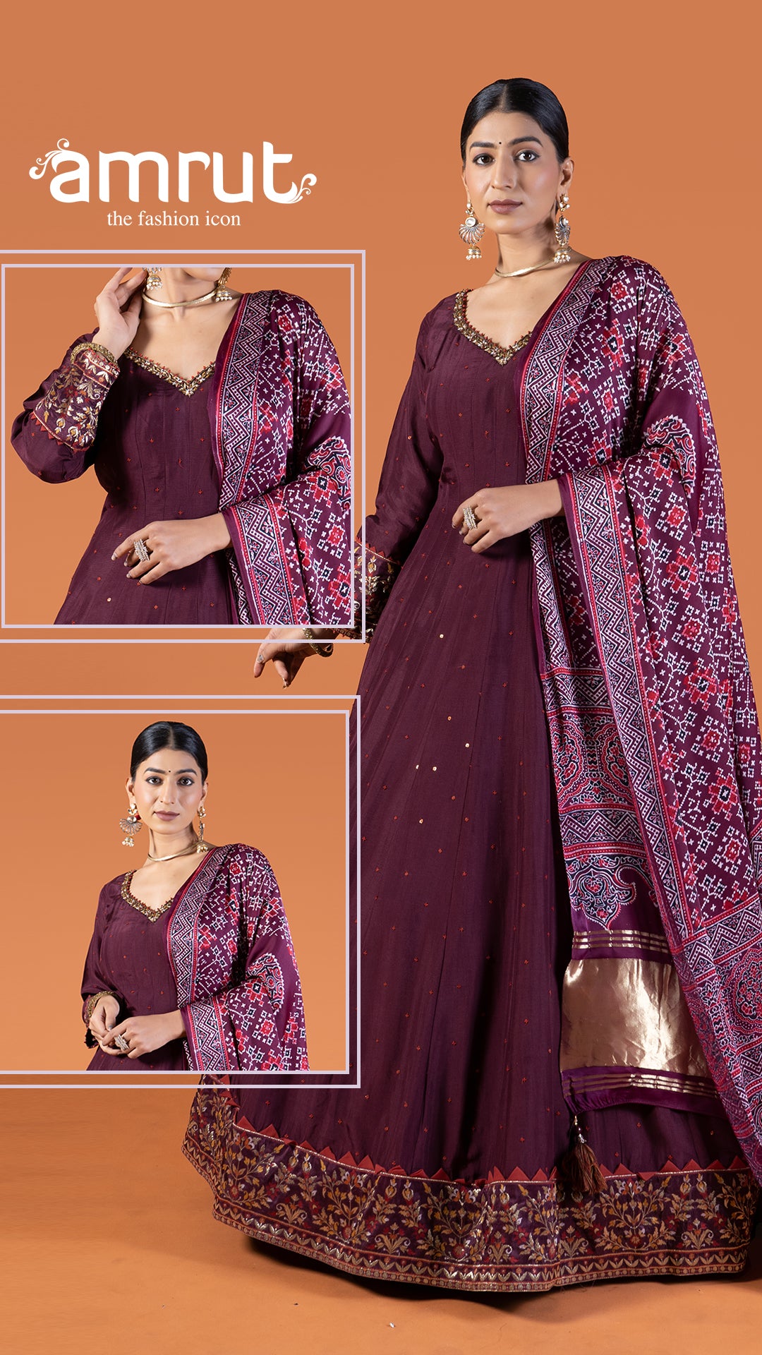 Wine Anarkali Featuring Sequin Buti Embellishments and Printed Dupatta