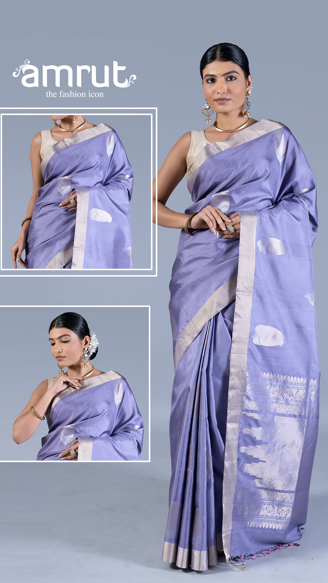 Light Purple with Golden Zari Leaf Patterns and Geometric Motifs Saree with unstitched blouse