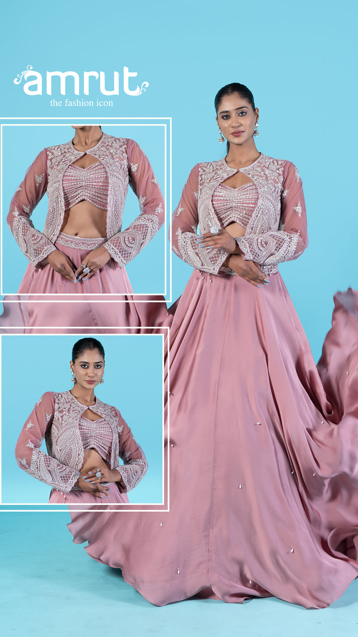 Rose-Pink Embroidered Jacket with Crop Choli and Flared Lehenga