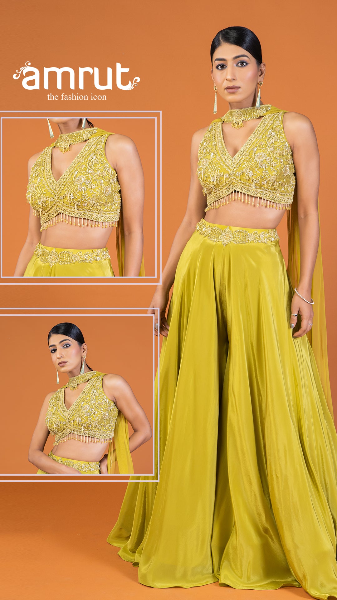 Lime Yellow Embellished Crop Top with Palazzo and Choker-Style Dupatta