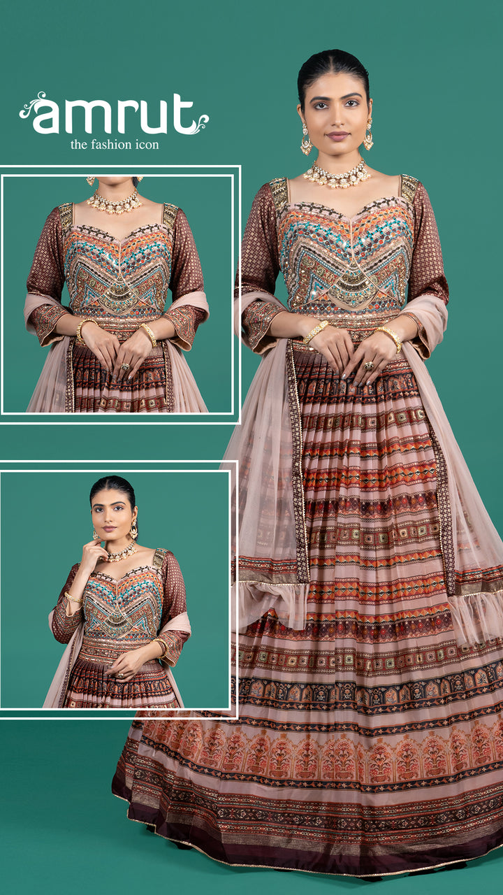 Mauve Rust Embroidered Gown With Net Dupatta