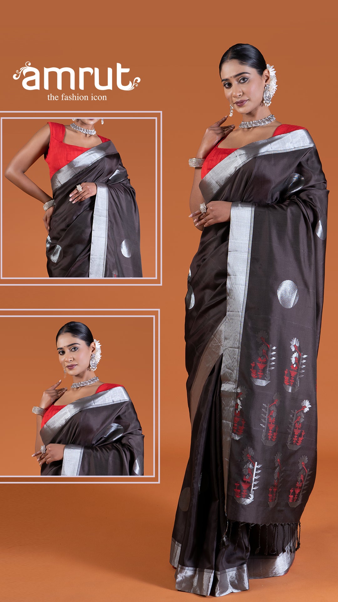 Black Silk with Silver Borders and Maroon Floral Design Saree with unstitched blouse