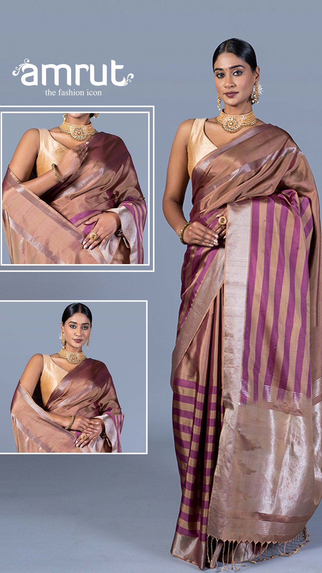 Beige-Taupe and Purple-Maroon Striped Saree with Unstitched Blouse