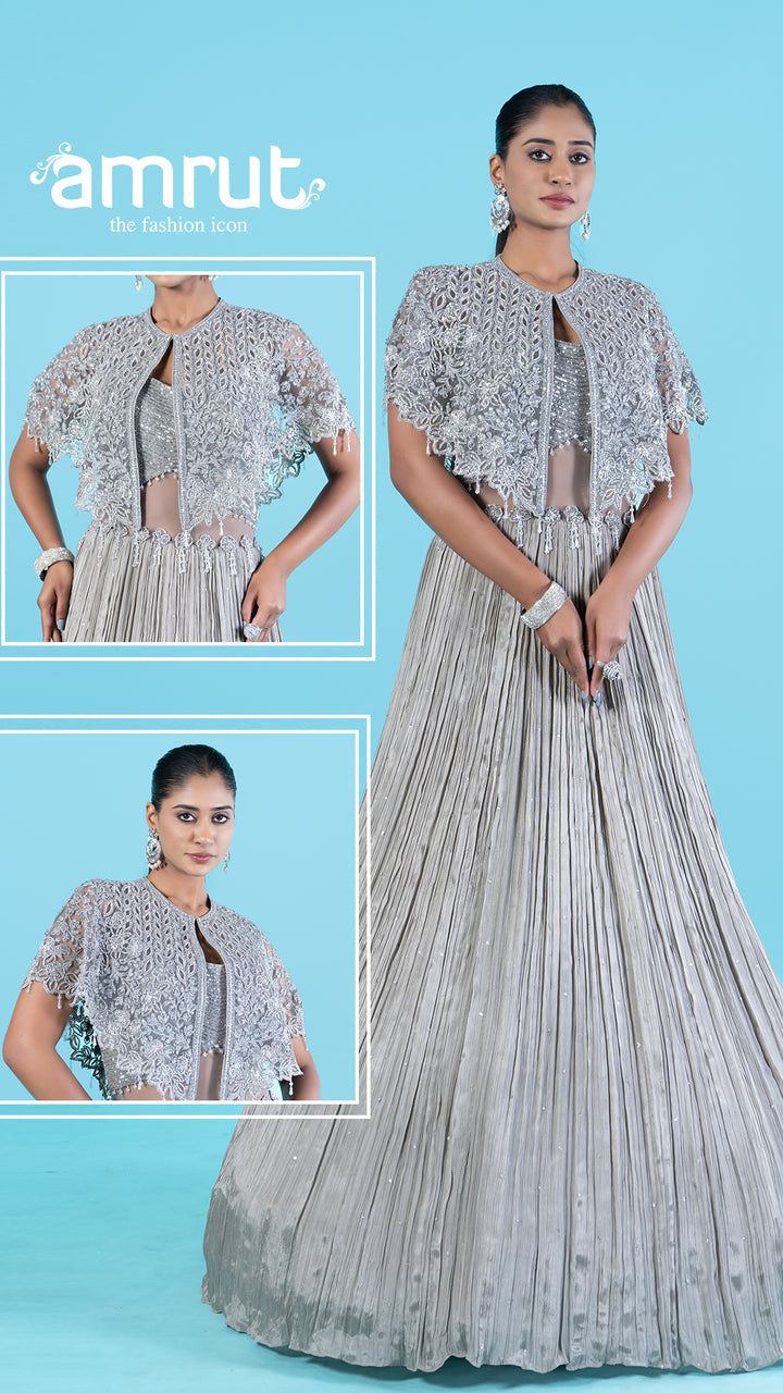 Silver-Gray Embellished Cape with Crop Choli and Pleated Lehenga