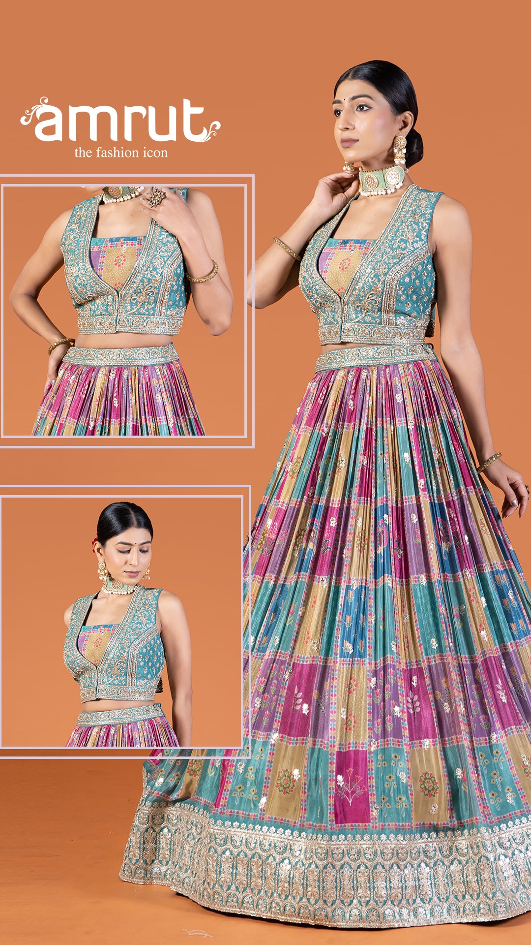 Teal and Golden Embroidered Choli with Multicolor Tiered Lehenga Set