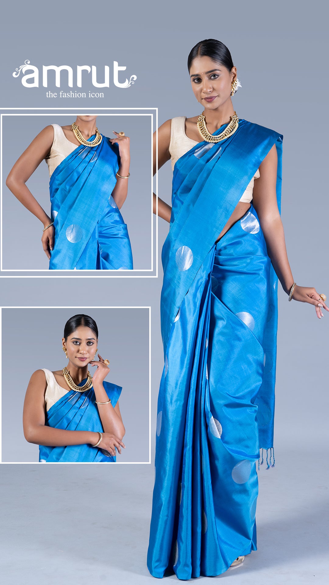 Blue Silver Zari Woven Round Motifs Saree with unstitched blouse