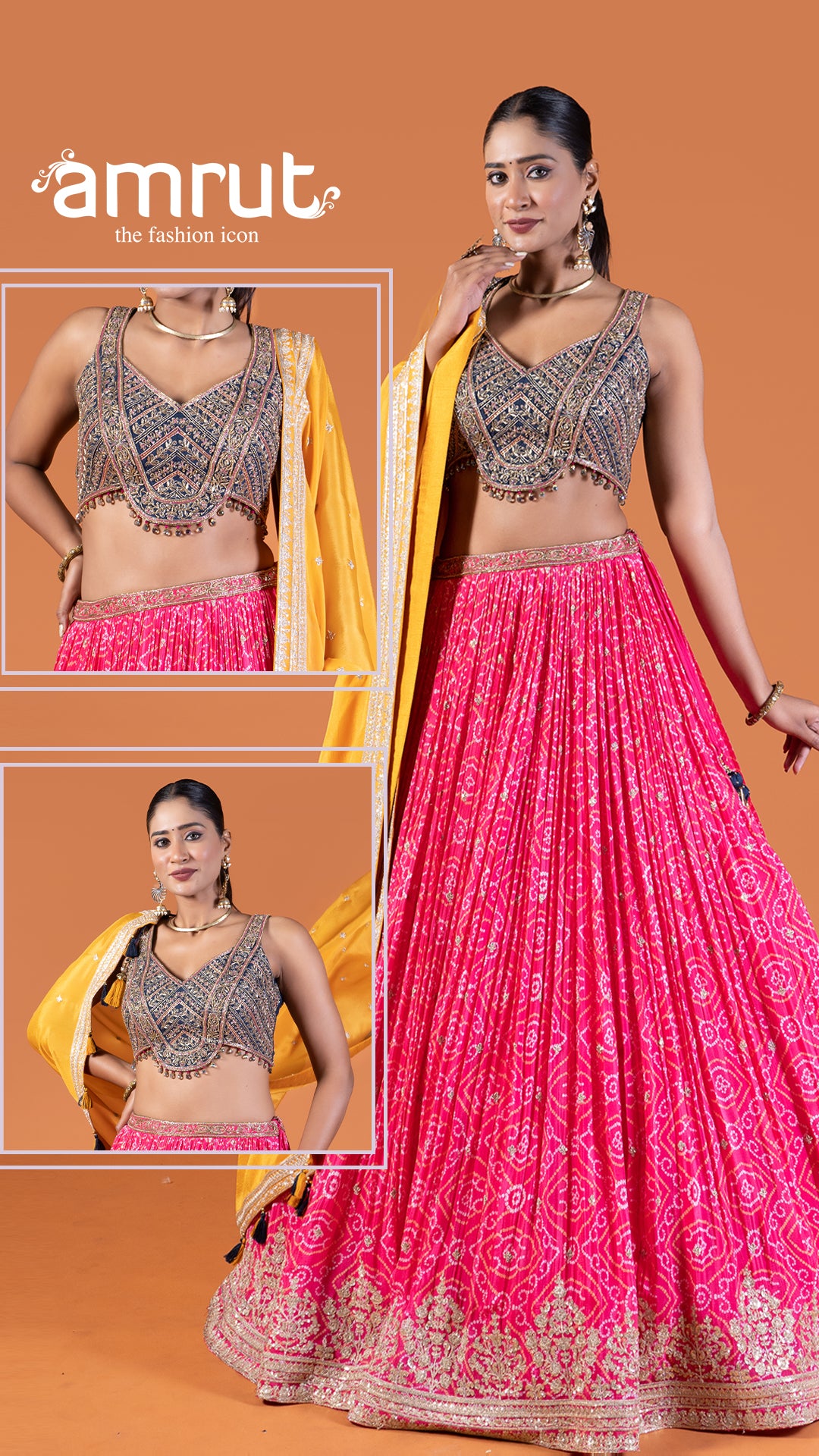 Pink Bandhani Lehenga with Purple Choli and Yellow Dupatta Set