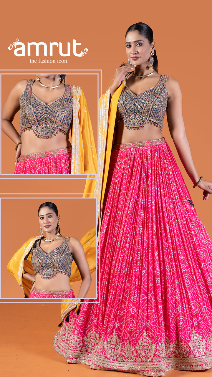 Pink Bandhani Lehenga with Purple Choli and Yellow Dupatta Set