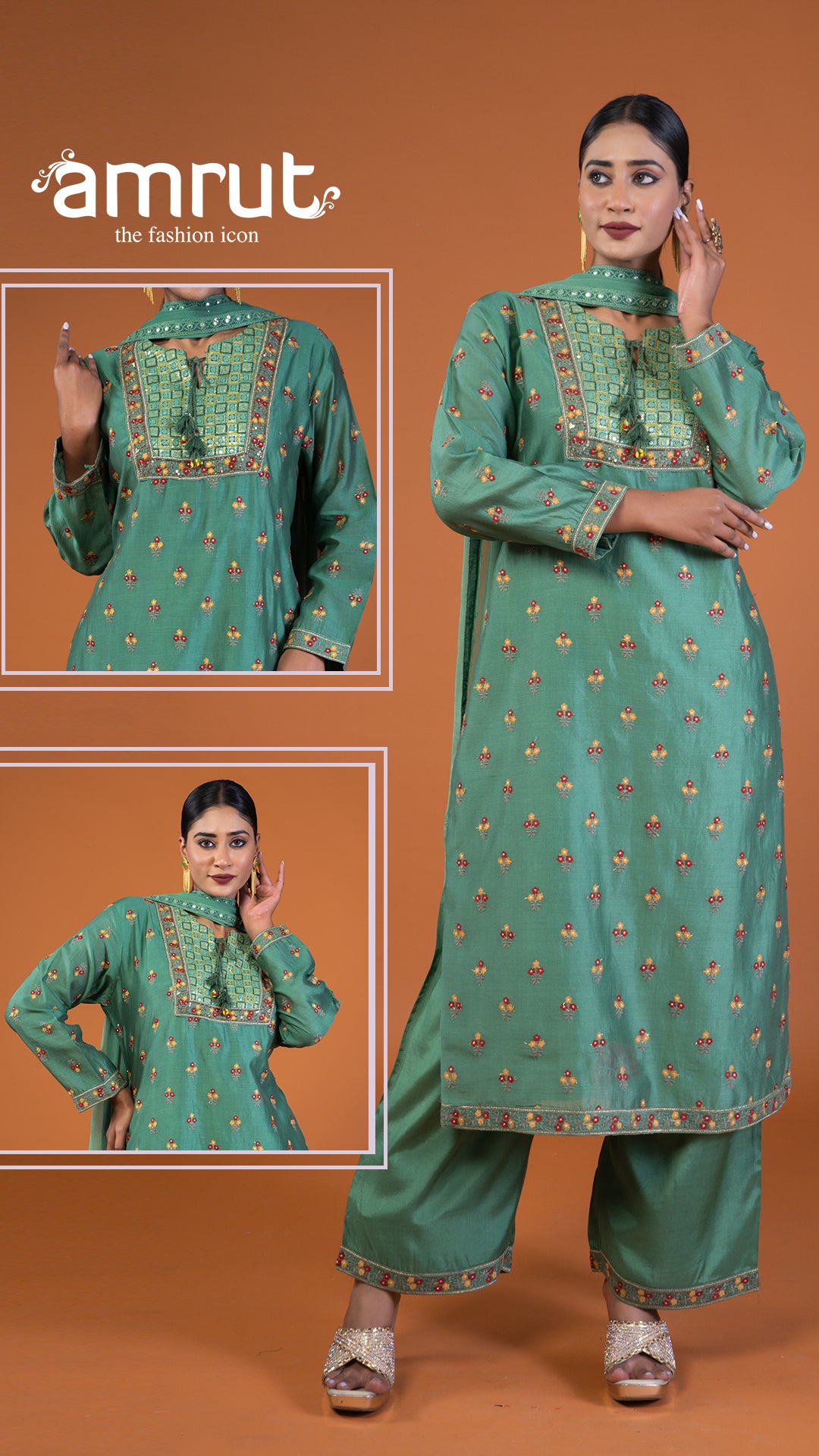 Green Silk Embroidered Kurta and Palazzo pants with Dupatta