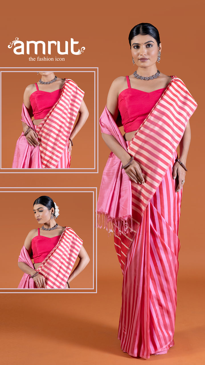 Pink and Beige Striped Saree with unstitched blouse