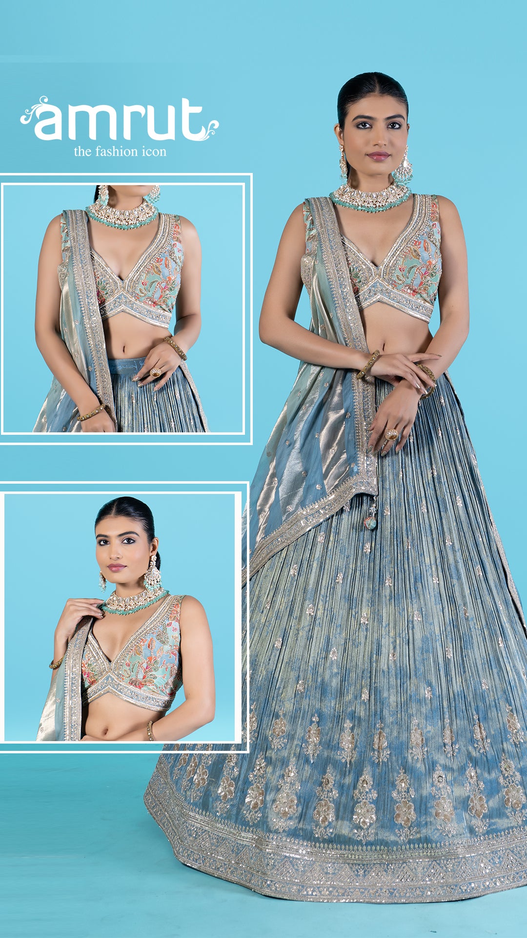 Light Blue-Gray Embroidered Lehenga Choli with Dupatta