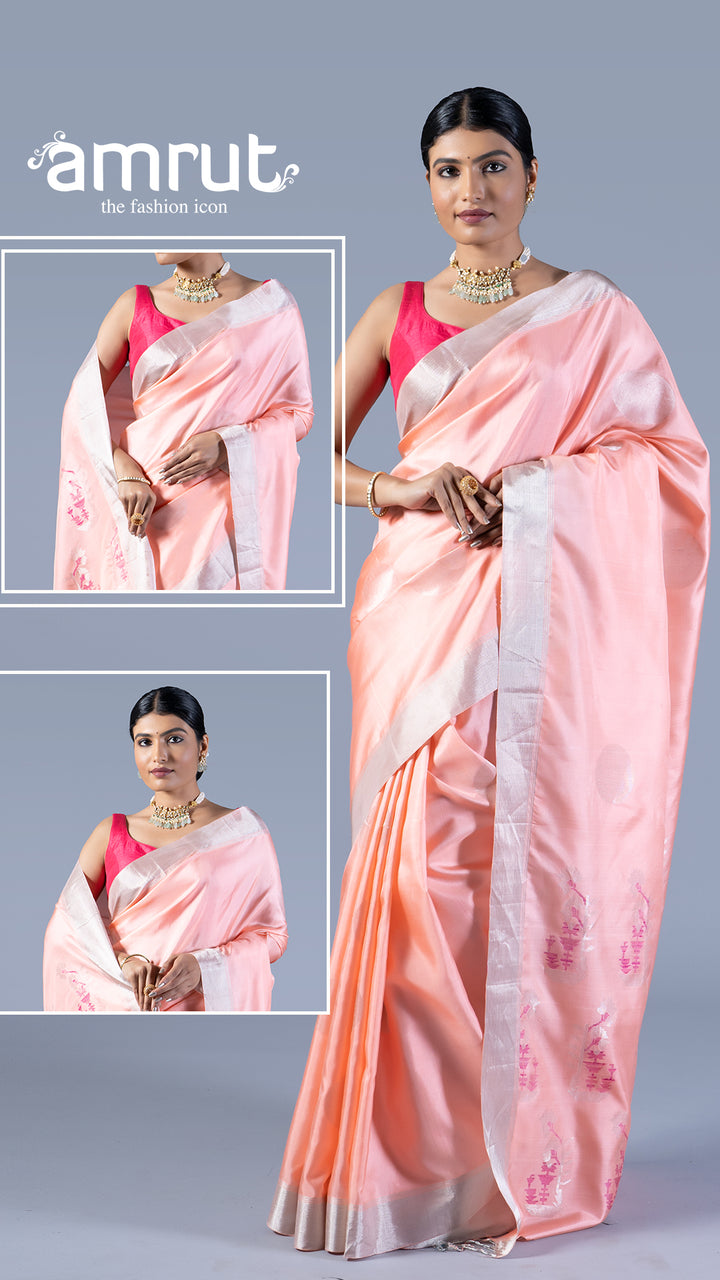 Peach-Pink Silver Woven Border and Floral Embroidery Silk Saree with unstitched blouse