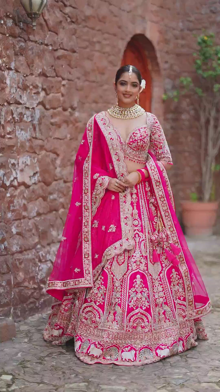 Gulabi Noor Hot Pink Bridal Lehenga with Intricate Silver Embroidery