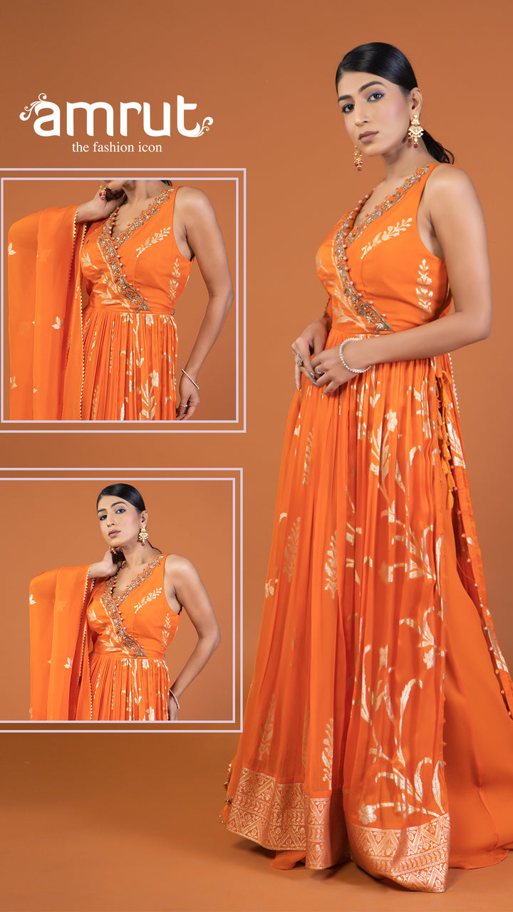 Orange Embellished Anarkali Dress with Dupatta