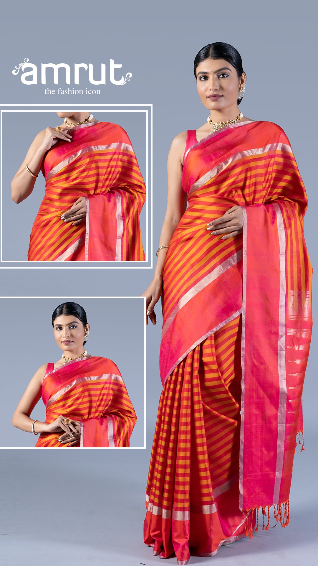 Orange and Hot Pink with Zari woven Stripes Saree with unstitched blouse