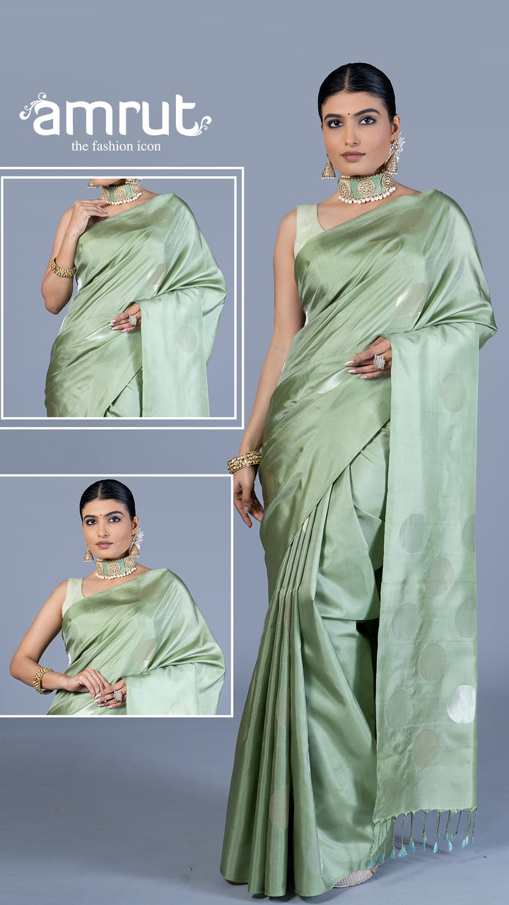 Sage Green with Round-Shaped Zari Woven Detailing Saree with Unstitched Blouse