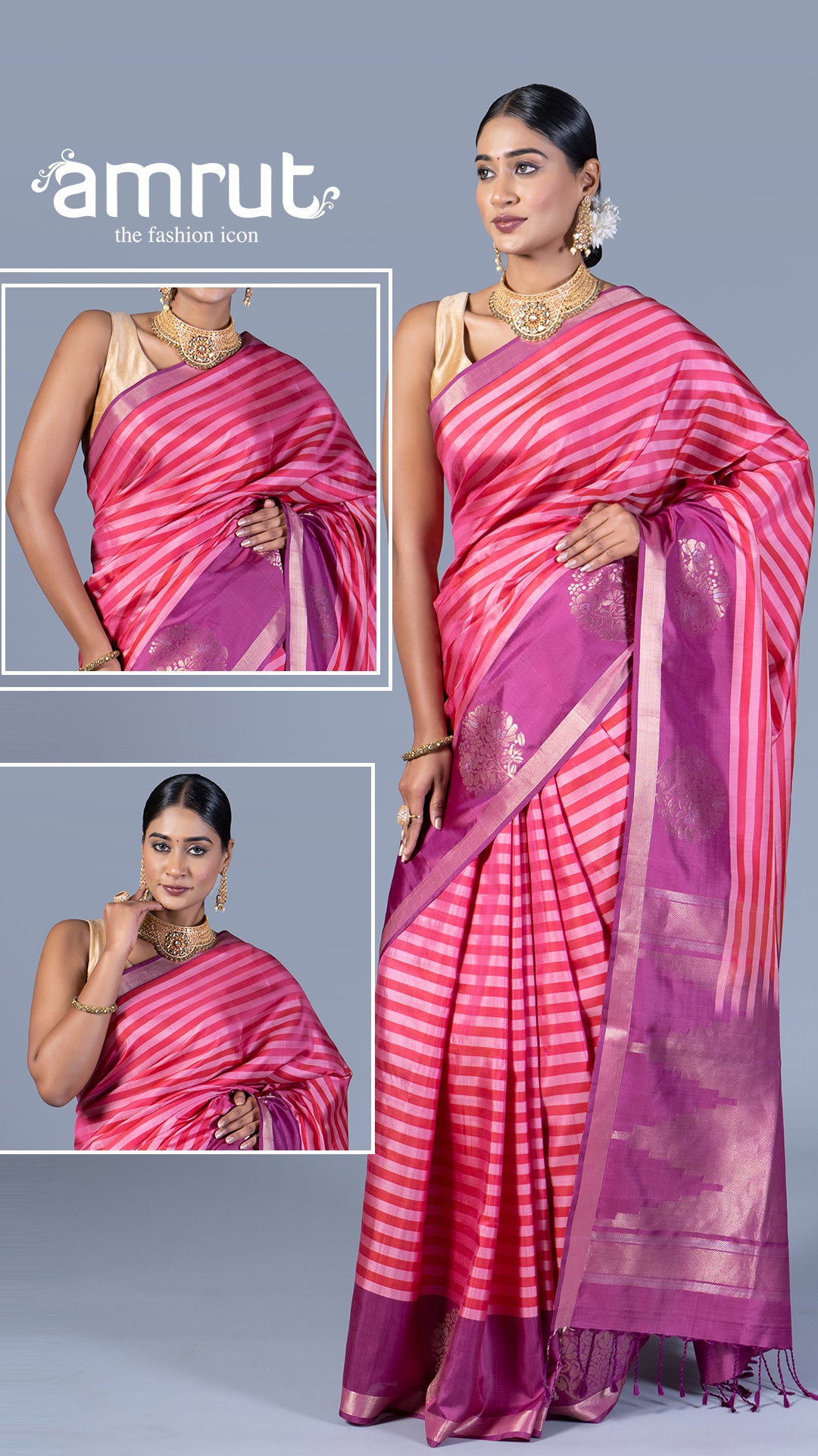 Pink and Purple Striped Saree with Unstitched Blouse