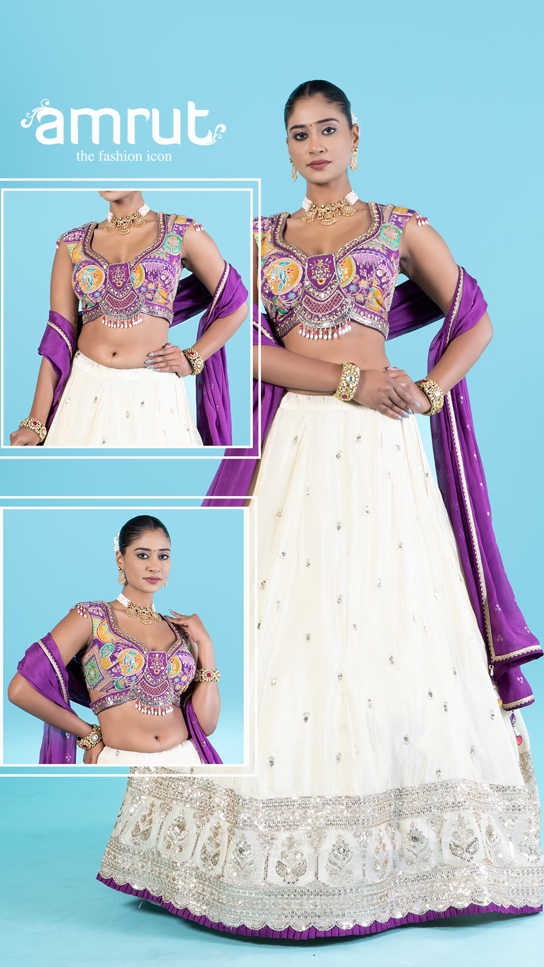 Dark Purple Embroidered Choli with Light Cream Lehenga and Purple Dupatta