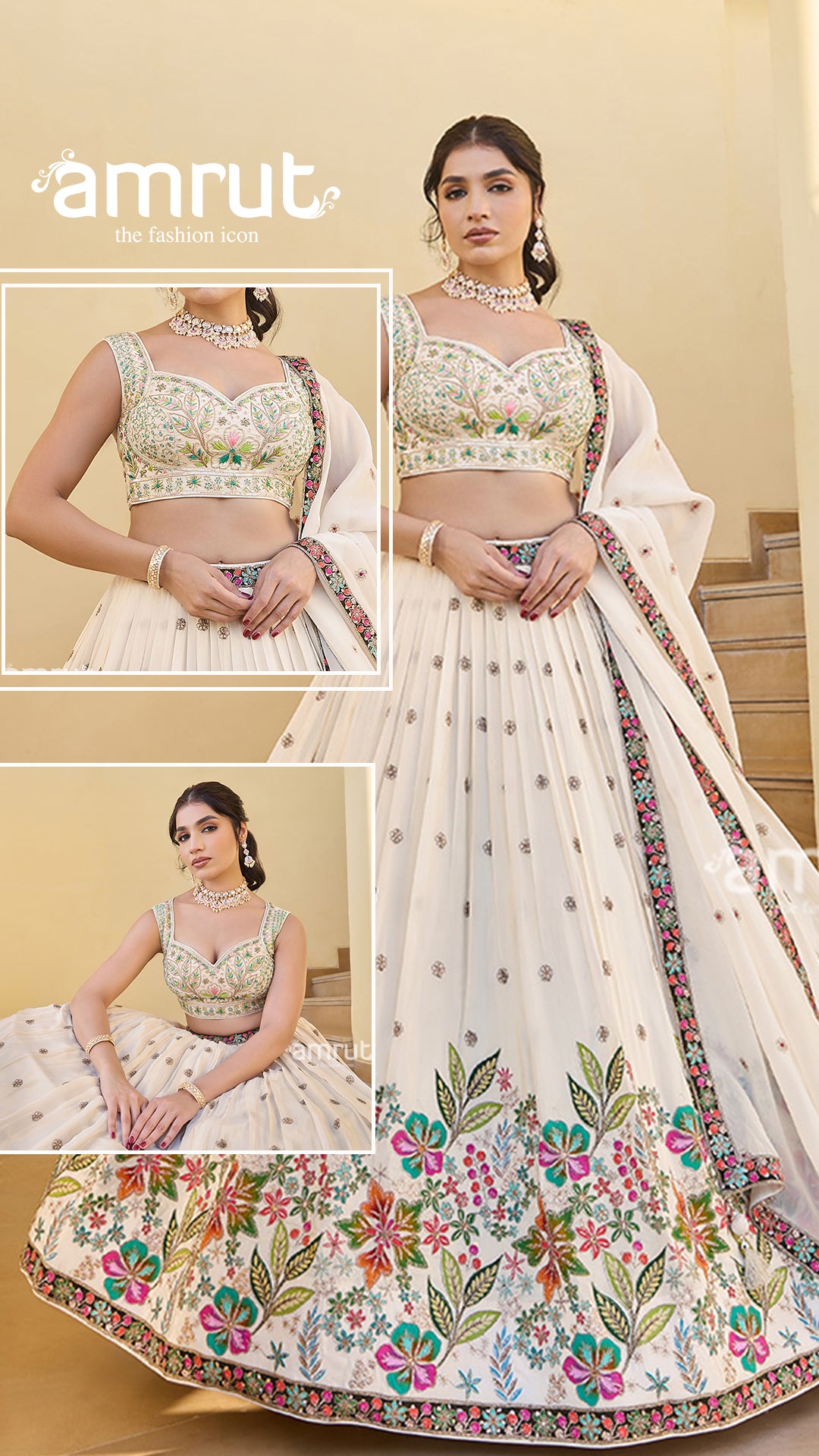 Cream Floral Embroidered Lehenga Choli with Matching Dupatta