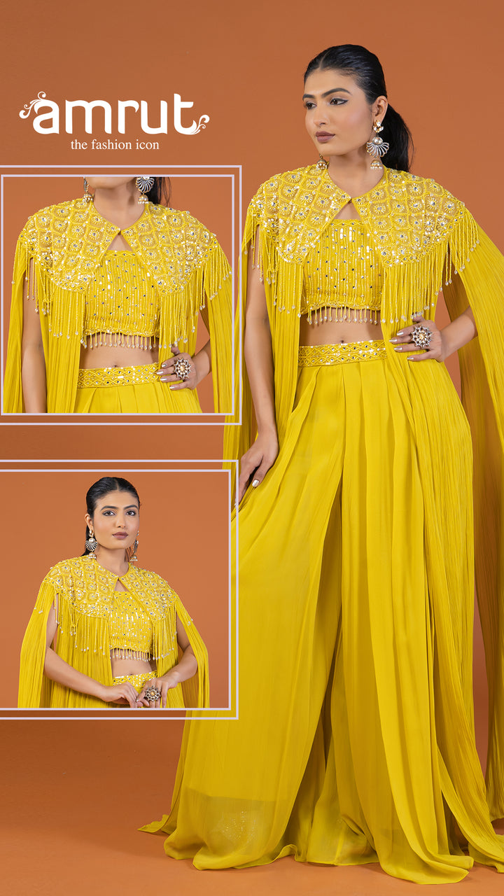 Yellow Embellished Cape-Style Crop Top with Palazzo Pants