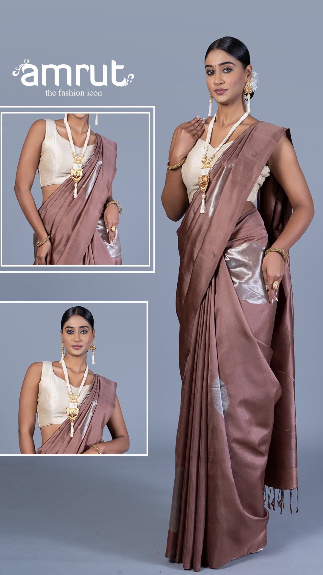 Dark Mauve Saree with Silver Zari Woven Detailing with Unstitched Blouse