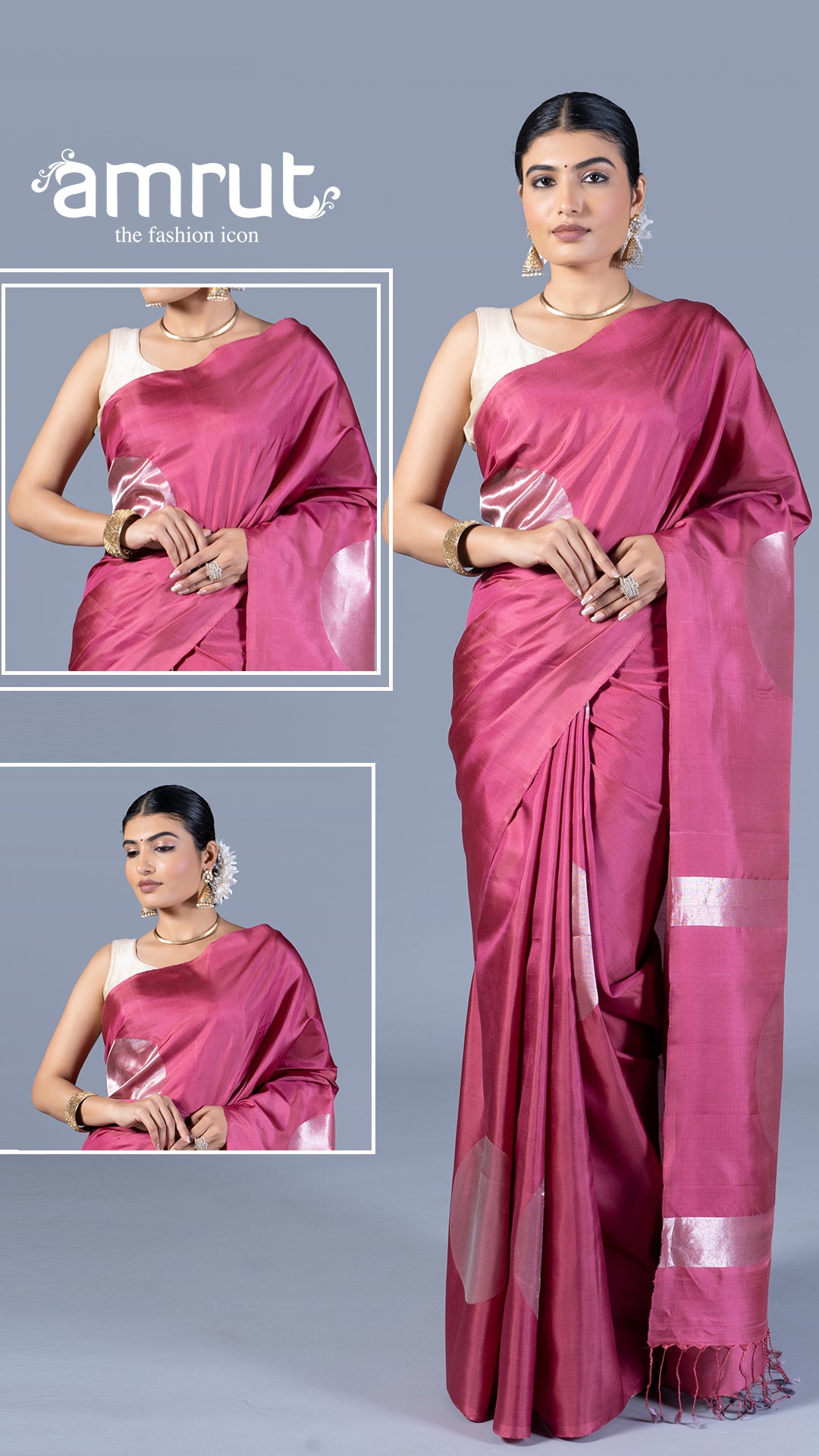 Magenta-Pink with Silver Zari Embellished Silk Saree with Unstitched Blouse