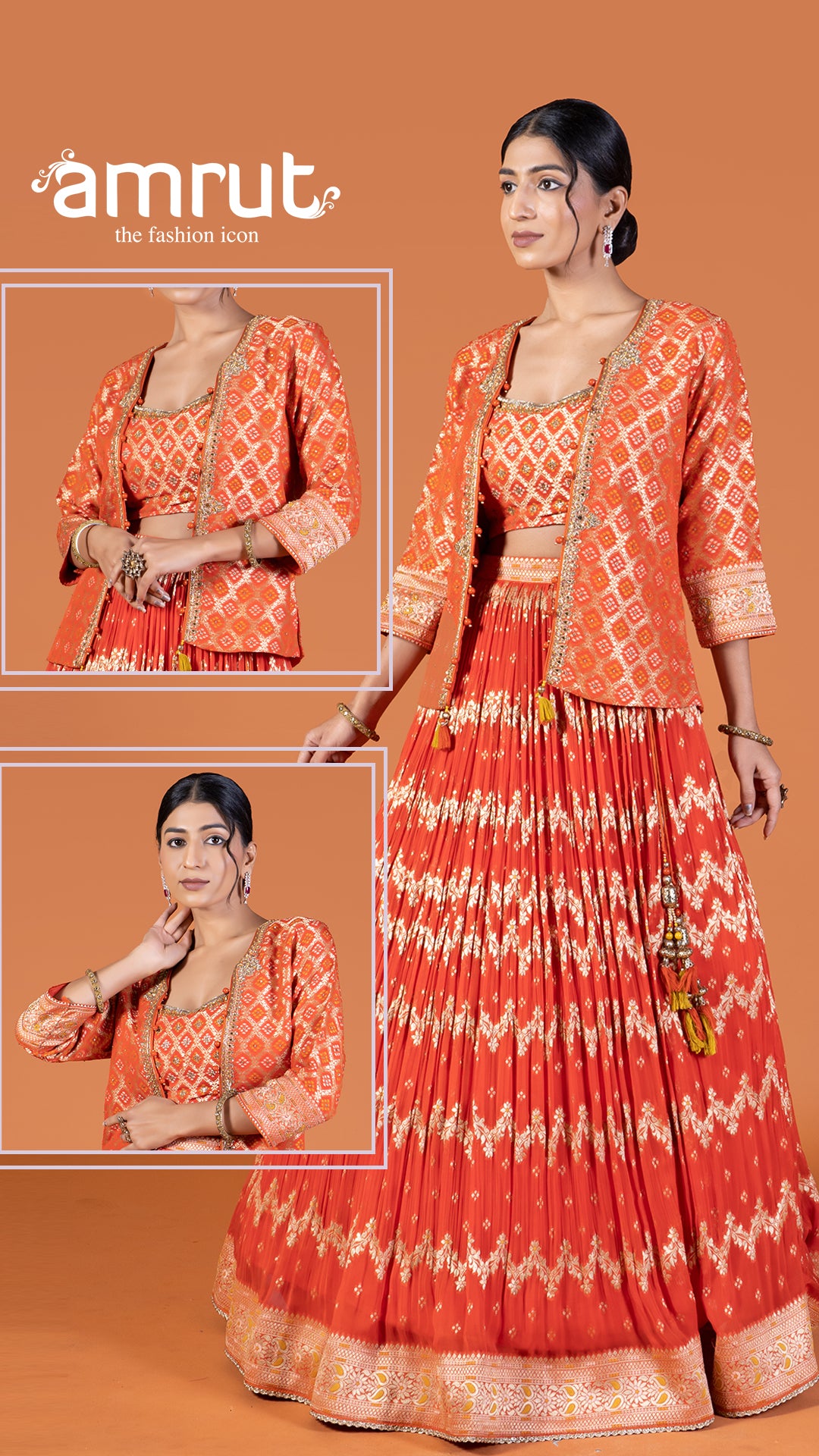 Golden Zari Embroidered Red Lehenga with Orange Crop Choli and Jacket