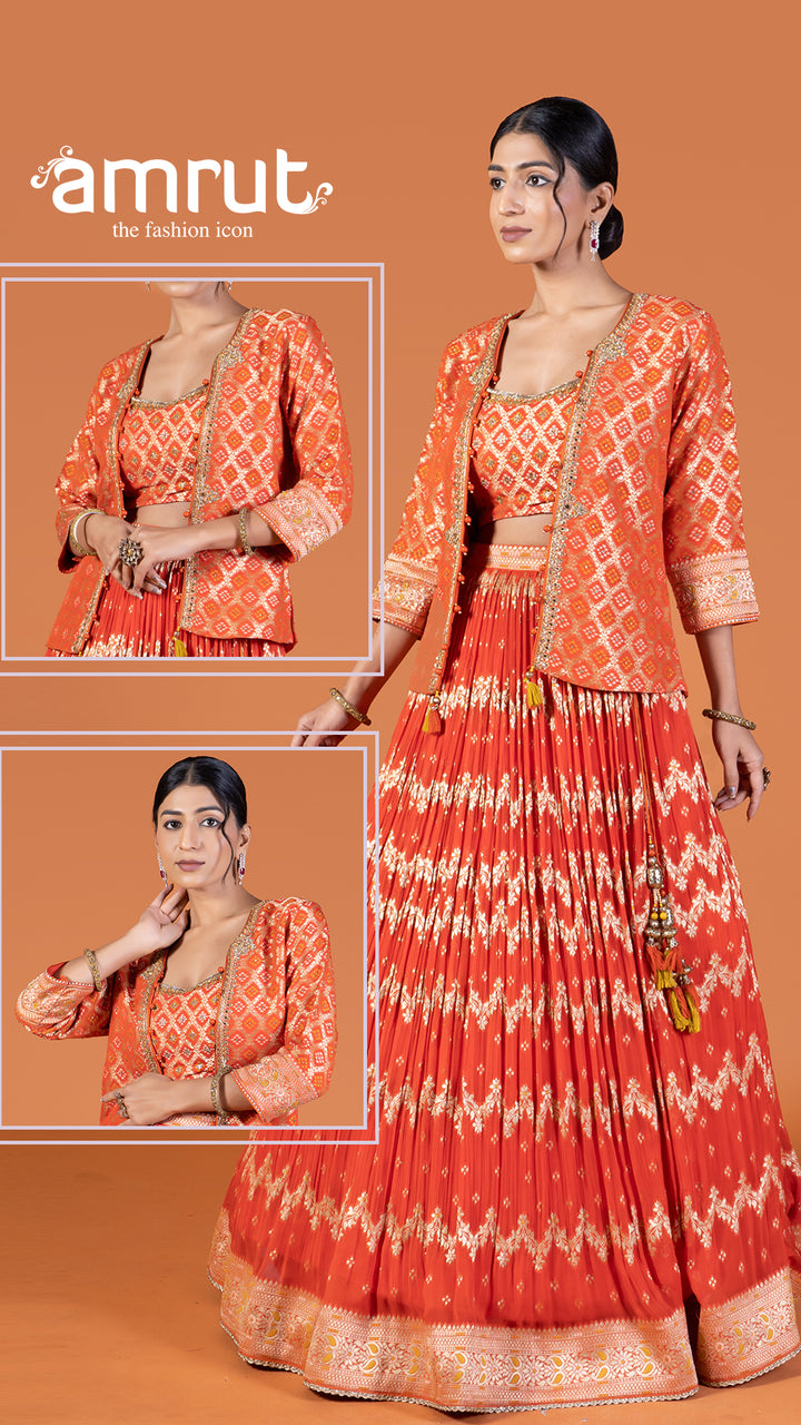 Golden Zari Embroidered Red Lehenga with Orange Crop Choli and Jacket