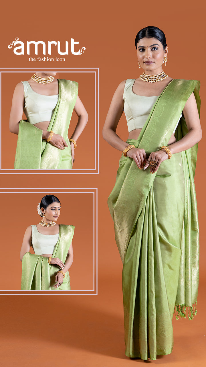 Tan-Green with Golden-Toned Borders Silk Saree with unstitched blouse