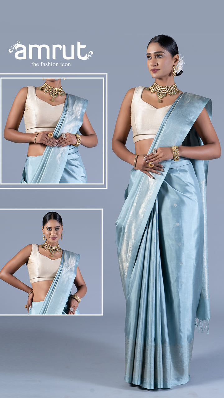 Grayish-Blue with Silver Zari Woven Embellished Silk Saree with unstitched blouse