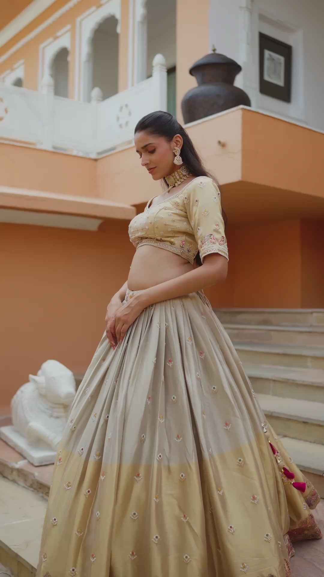 Pastel Yellow and Ivory Lehenga Choli Set with Multicolour Embroidery, Embellished Blouse