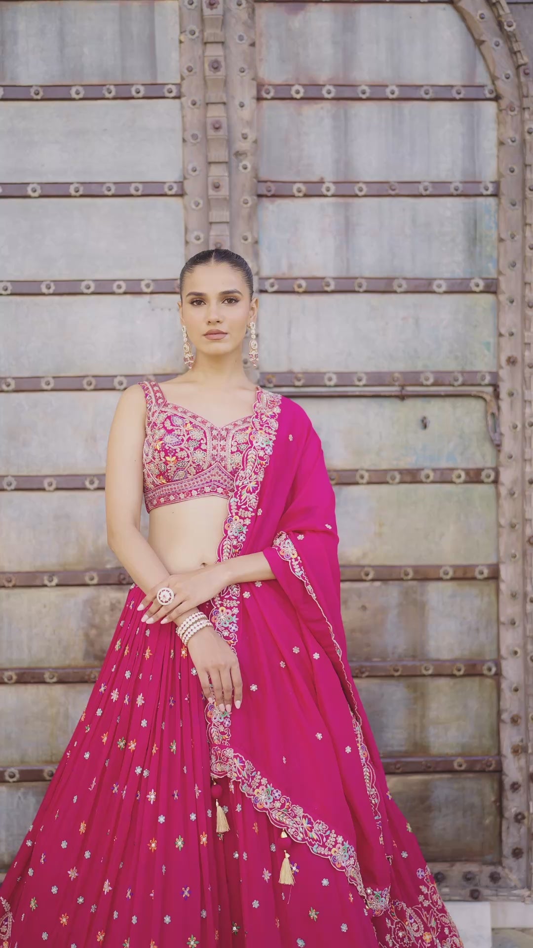Hot Pink Multicolor Hand-Embroidered Indo-Western Lehenga Set with Designer Blouse