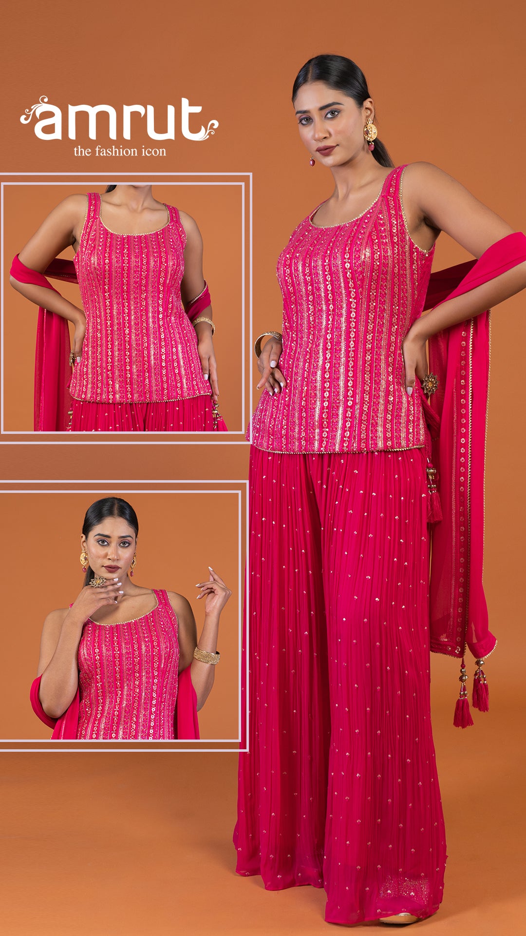 Magenta Pink Sequin Embellished   Palazzo with Sleeveless Plum Top and Dupatta