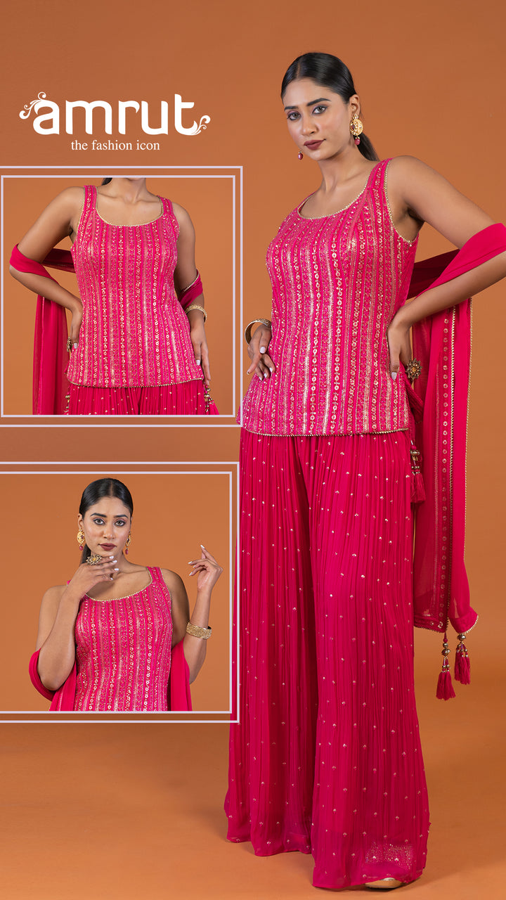 Magenta Pink Sequin Embellished   Palazzo with Sleeveless Plum Top and Dupatta