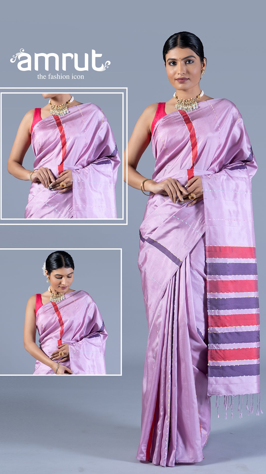 Lavender-Purple with Fringed Pallu & Decorative Stripes in Silk Sari with unstitched blouse