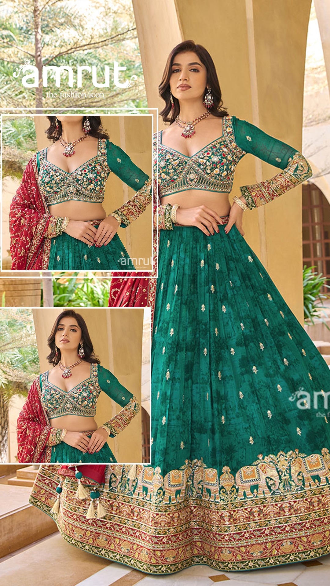 Dark Green Elephant Motif Intricate Embroidered Lehenga Choli with Maroon Dupatta