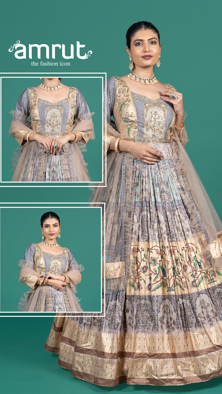 Pastel Beige Floral Embroidered Gown with Dupatta