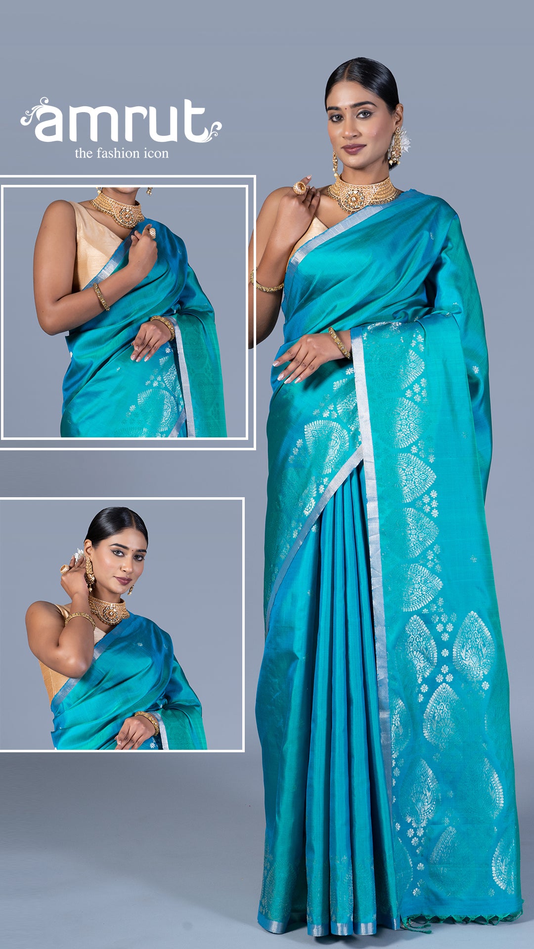 Teal Blue and Green with Intricate Golden Patterns Silk Saree with Unstitched Blouse