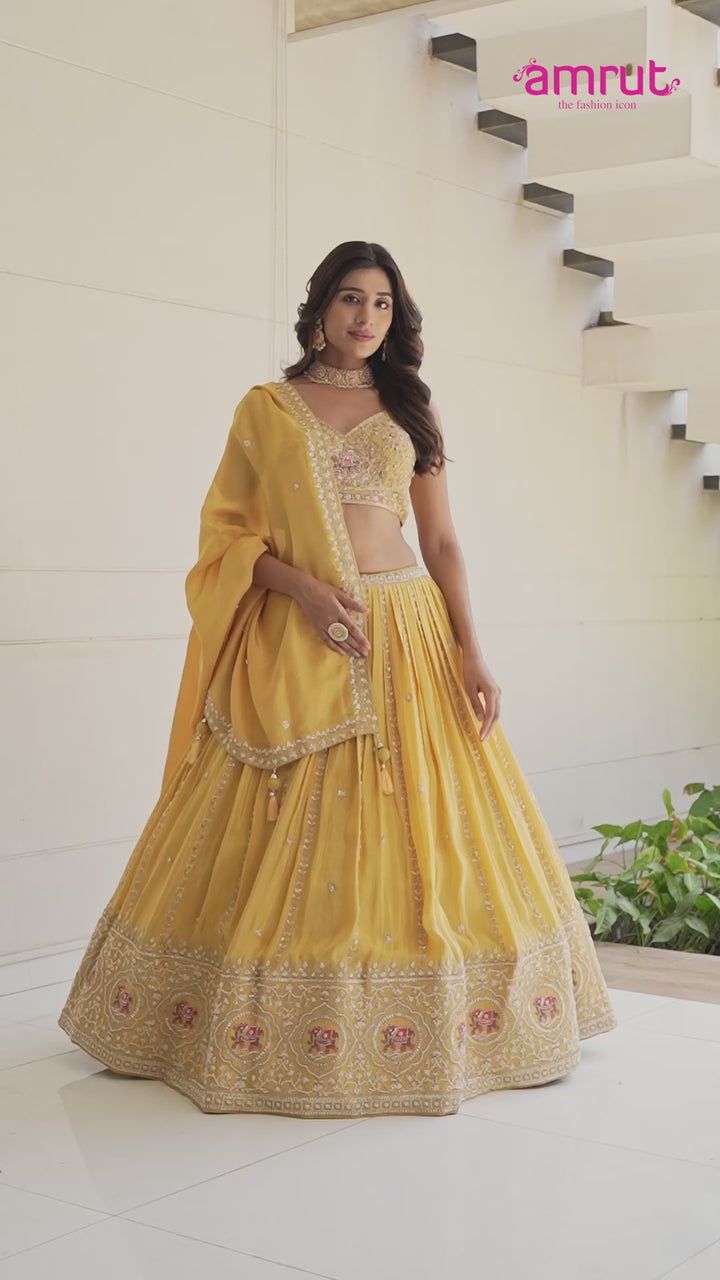 Yellow Elephant Motif Embroidered Lehenga Choli with Dupatta